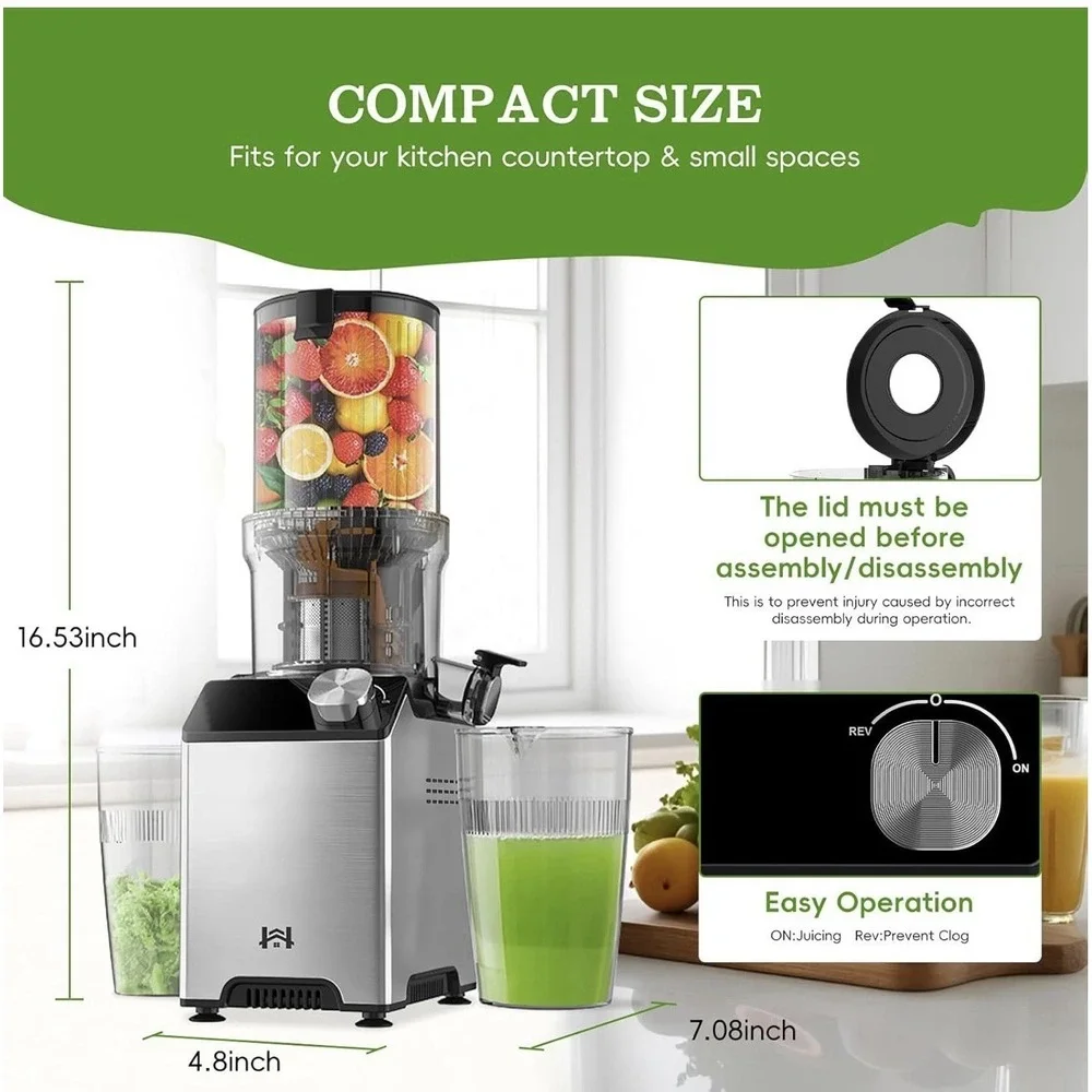 Cold Press Juicer, Wide Feed Chute Juicer Machines, Stainless Steel Slow Mast...